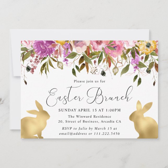 Invitación Boho Spring Flowers y Gold Bunniers Easter Brunch (Anverso)