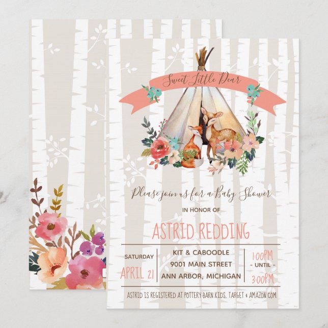 Invitación Boho Spring Little Deer Woodland Baby Shower (Anverso / Reverso)