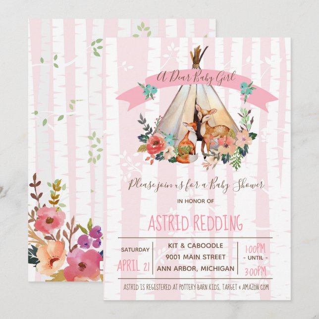 Invitación Boho Spring, Querida Niña Woodland Shower Invitan (Anverso / Reverso)
