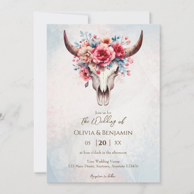 Invitación Boho Spring Watercolor Floral Cow Skull Boda (Anverso)