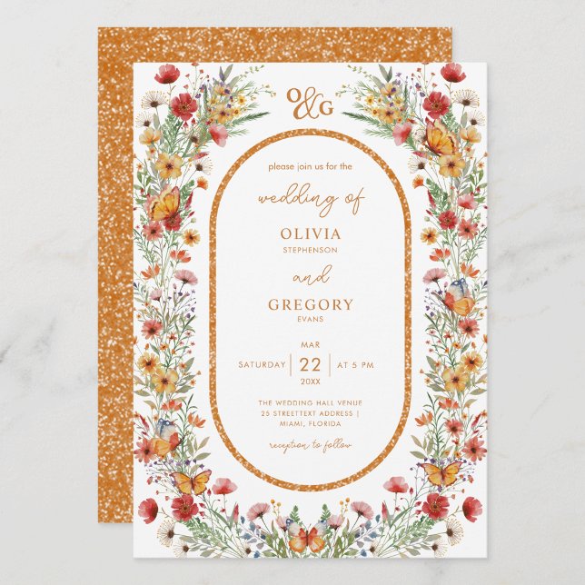 Invitación Boho Spring Watercolor Flores silvestres Boda de o (Boho Spring Watercolor Wildflowers Butterflies Gold Fram Monogram Wedding Invitation)