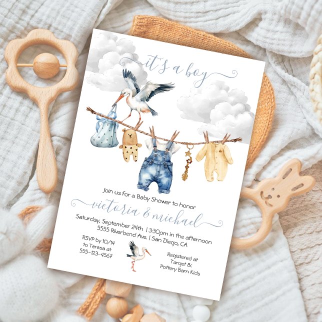 Invitación Boho Stork Baby Shower Clothesline (Subido por el creador)