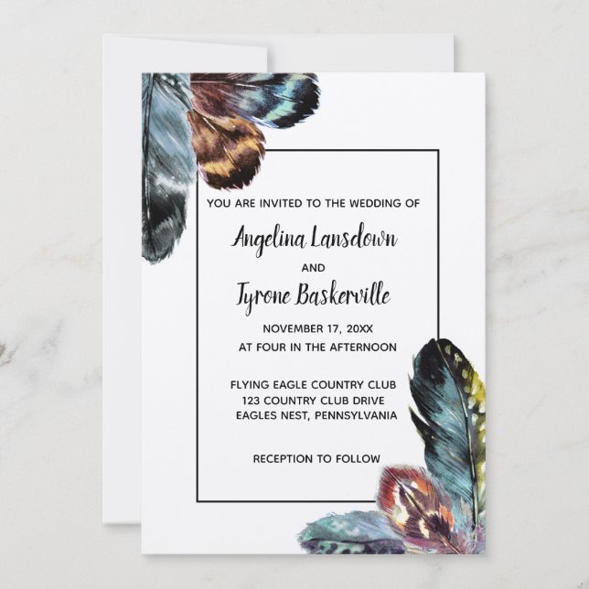 Invitación Boho Style Watercolor Feathers Wedding Personaliza (Anverso)