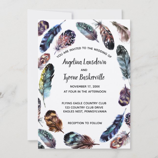 Invitación Boho Style Watercolor Feathers Wedding Personaliza (Anverso)