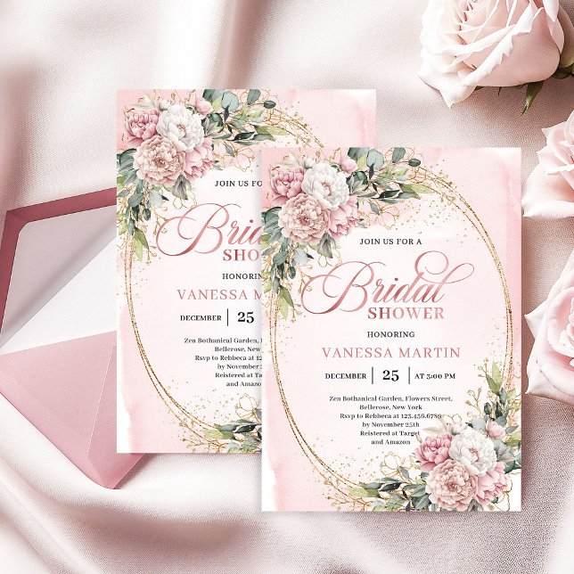 Invitación Boho Stylish Dusty Pink Floral Gold Bridal Shower (Stylish Dusty Pink Floral Gold Bridal Shower)