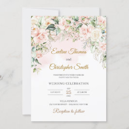 Invitación Boho suave rosa pastel sabio floral eucalipto oro