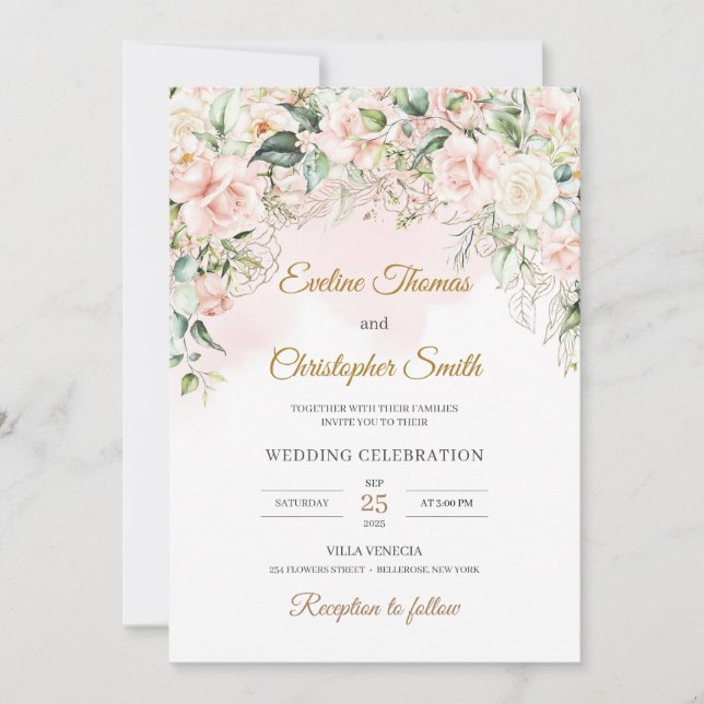 Invitación Boho suave rosa pastel sabio floral eucalipto oro (Anverso)