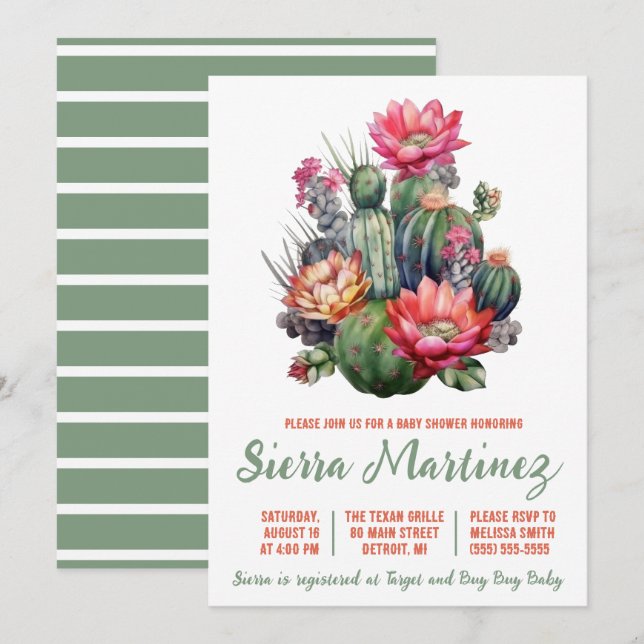 Invitación Boho Succulent, Cactus, Western, Baby Shower (Anverso / Reverso)