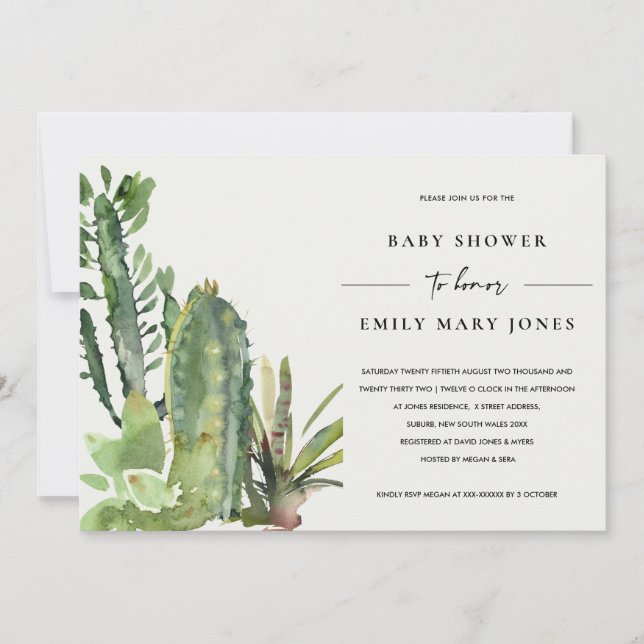 INVITACIÓN BOHO SUCCULENT DESERT CACTI FAUNA BABY SHOWER (Anverso)