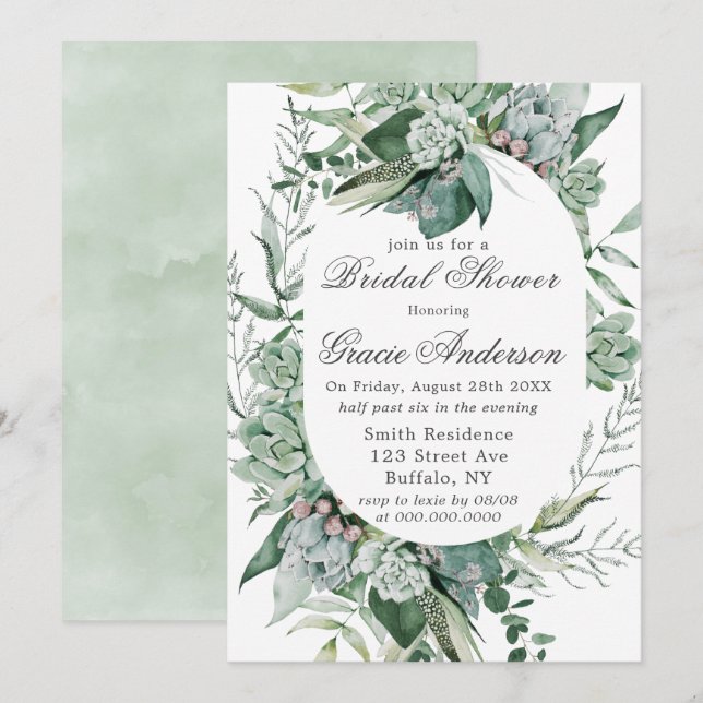 Invitación Boho Succulum Greenery Bridal Shower (Anverso / Reverso)