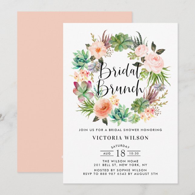 Invitación Boho Suculenta Brunch de Novias Floral Wreath (Anverso / Reverso)