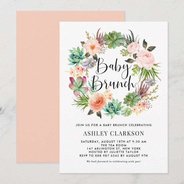 Invitación Boho Suculenta Floral Wreath Baby Brunch (Anverso / Reverso)