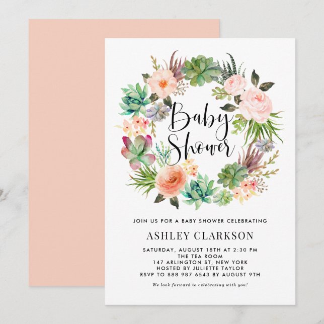 Invitación Boho Suculenta la Baby Shower de la floral Wreath (Anverso / Reverso)
