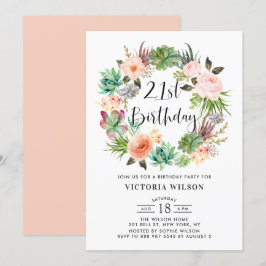 Invitación Boho Suculenta la corona floral 21ª Fiesta de cump
