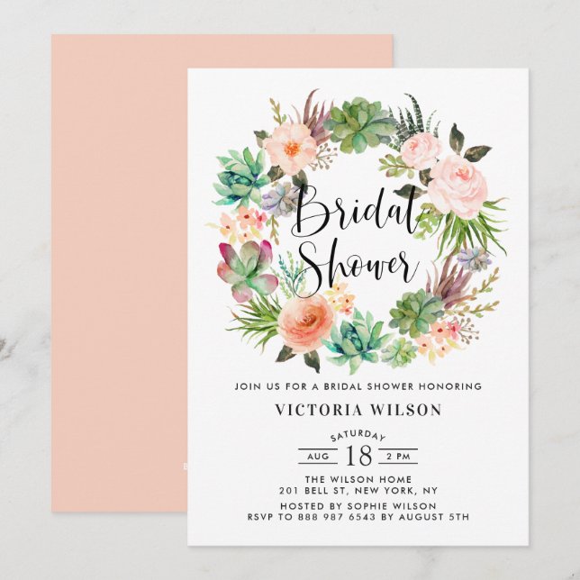 Invitación Boho Suculenta La Ducha De La Náuseas Floral (Anverso / Reverso)