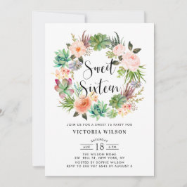 Invitación Boho Suculenta Wreath Floral Dulce Dieciséis Fiest