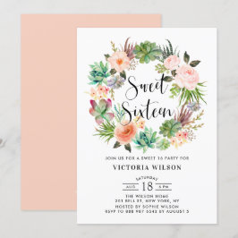 Invitación Boho Suculenta Wreath Floral Dulce Dieciséis Fiest
