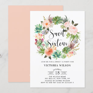 Invitación Boho Suculenta Wreath Floral Dulce Dieciséis Fiest