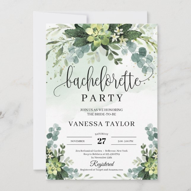 Invitación Boho suculento eucalipto floral bachelorette (Anverso)