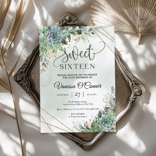 Invitación Boho suculentos exuberantes flores marco de oro eu