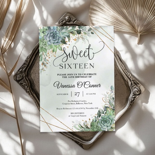 Invitación Boho suculentos exuberantes flores marco de oro eu (Boho lush succulents flowers eucalyptus gold frame invitation)