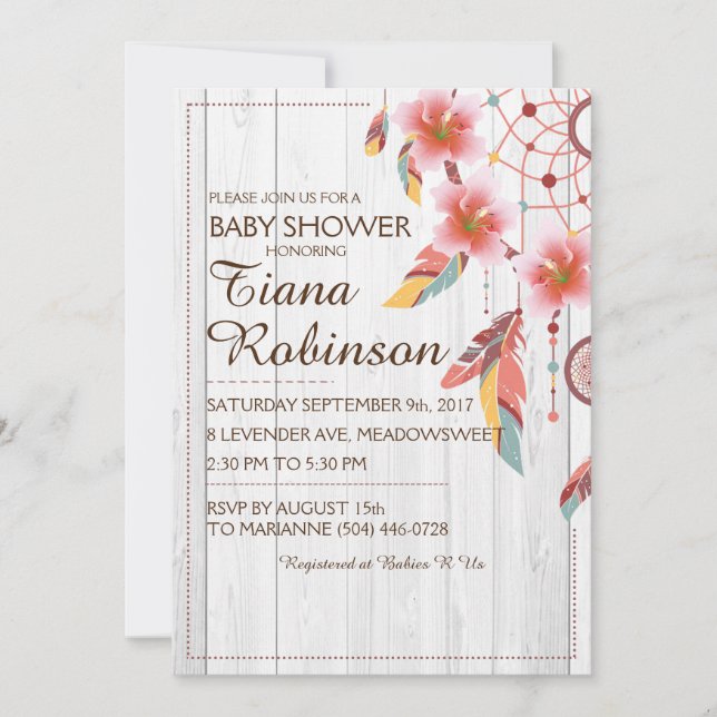 Invitación Boho Sueño Tribal Catcher Floral RSVP Rústico Rosa (Anverso)