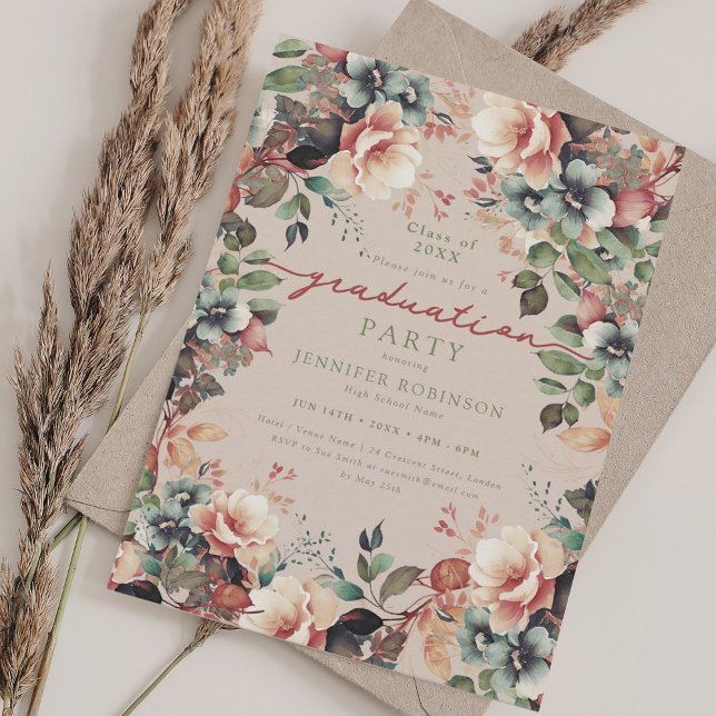 Invitación Boho Summer Floral Graduation Party Champagne (Boho Summer Floral Graduation Party Champagne Invitation)