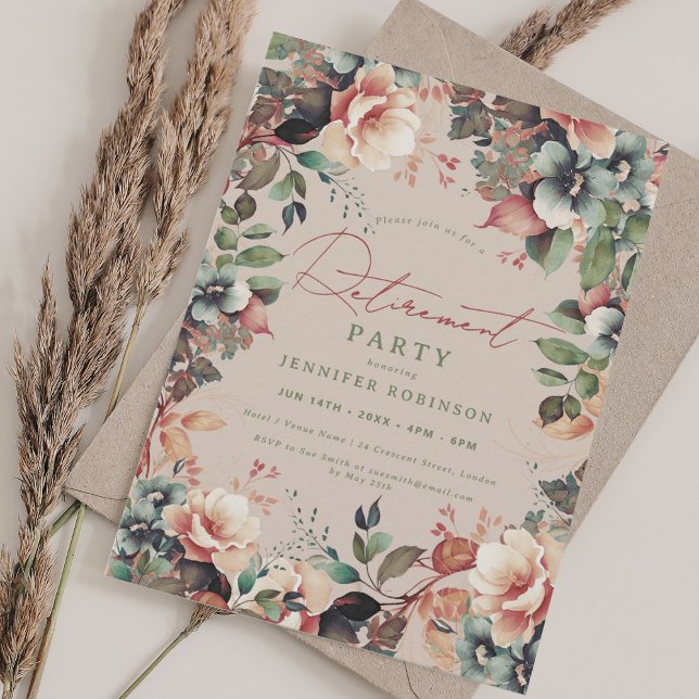 Invitación Boho Summer Garden Retirement Floral Champagne (Boho Summer Garden Floral Retirement Champagne Invitation)