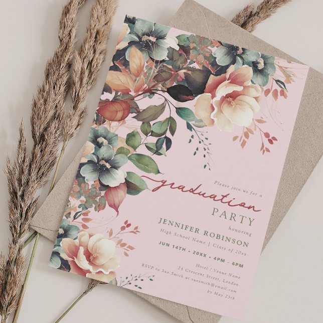Invitación Boho Summer Garden Rubor Graduación Floral (Boho Summer Garden Floral Graduation Blush Invitation)