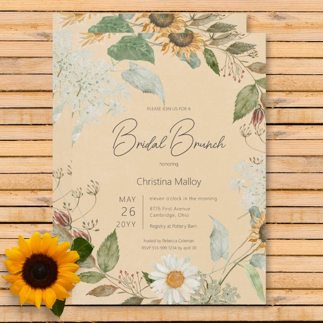 Invitación Boho Summer Sunflower & Daisy Gold Bridal Brunch (Boho Summer Sunflower & Daisy Gold Bridal Brunch Invitation)