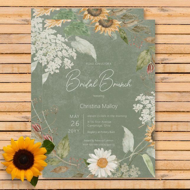 Invitación Boho Summer Sunflower & Daisy Green Bridal Brunch (Boho Summer Sunflower & Daisy Green Bridal Brunch Invitation)