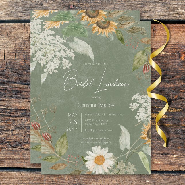Invitación Boho Summer Sunflower & Daisy Green Bridal Lunch (Boho Summer Sunflower & Daisy Green Bridal Lunch Invitation)