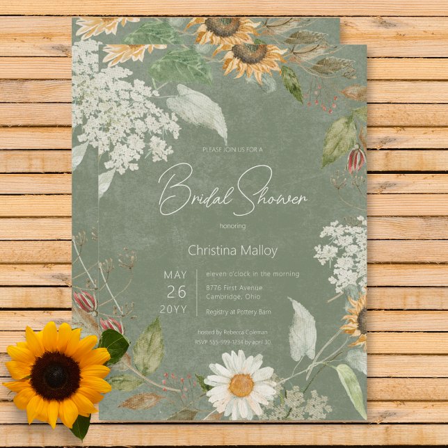 Invitación Boho Summer Sunflower & Daisy Green Bridal Shower (Boho Summer Sunflower & Daisy Green Bridal Shower Invitation)