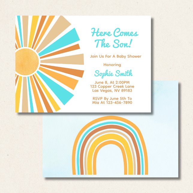 Invitación Boho Sun, Here Comes The Son, Blue Orange Rainbow (Subido por el creador)