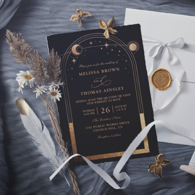Invitación Boho Sun Moon Astronomy Budget QR Code Wedding (Subido por el creador)