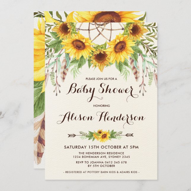 Invitación Boho Sunflower Baby Shower Summer Dreamcatcher (Anverso / Reverso)