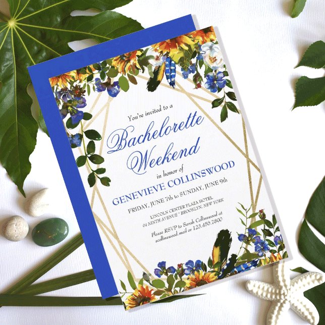 Invitación Boho Sunflower Blue Bachelorette Weekend Itinerari (PRETTY BOHO SUNFLOWER FEATHER BACHELORETTE WEEKEND PARTY INVITATION
)