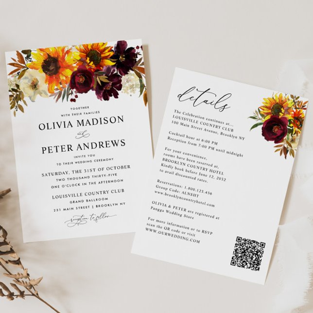 Invitación Boho Sunflower Borgoña Floral todo en un Boda (Subido por el creador)