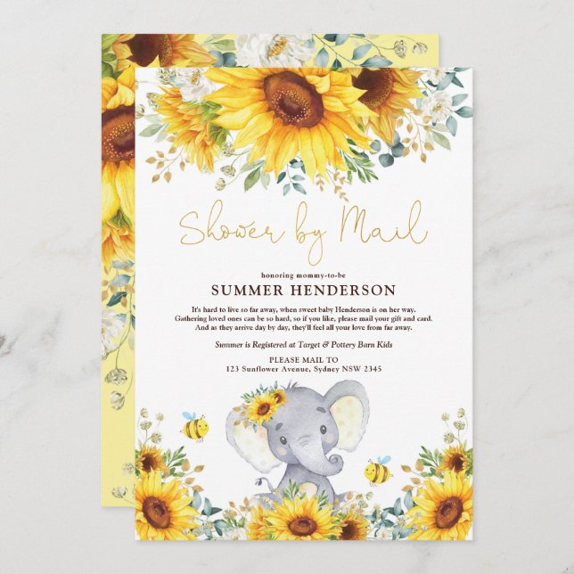 Invitación Boho Sunflower Elephant Baby Shower Por Correo (Anverso / Reverso)