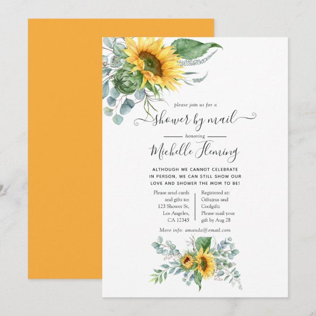 Invitación Boho Sunflower Eucalyptus Baby Shower por correo (Anverso / Reverso)