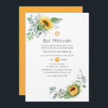 Invitación Boho Sunflower Eucalyptus Bat Mitzvah<br><div class="desc">El murciélago mitzvah con temática de vegetación silvestre con girasol brillante y eucalipto invita al personalizable a los detalles de su evento.</div>