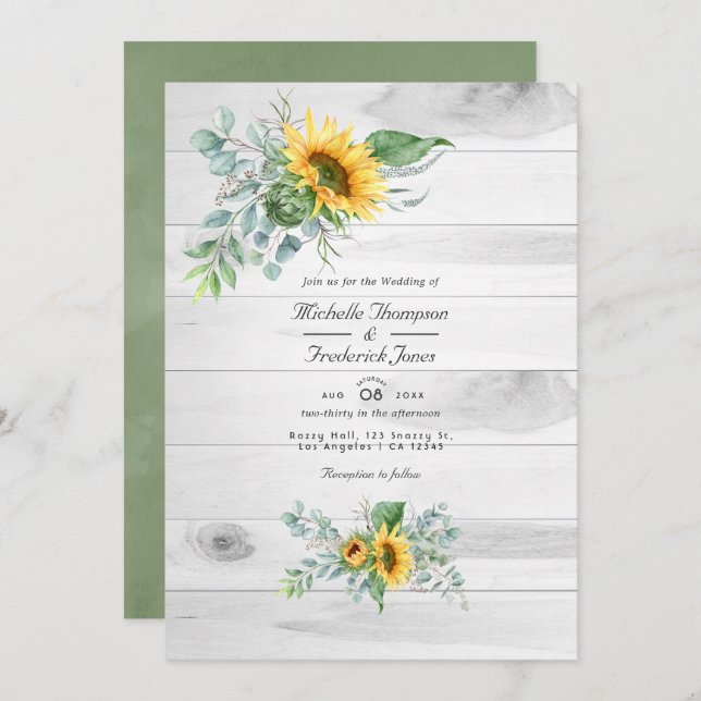 Invitación Boho Sunflower Eucalyptus Boda rústica por campo (Anverso / Reverso)