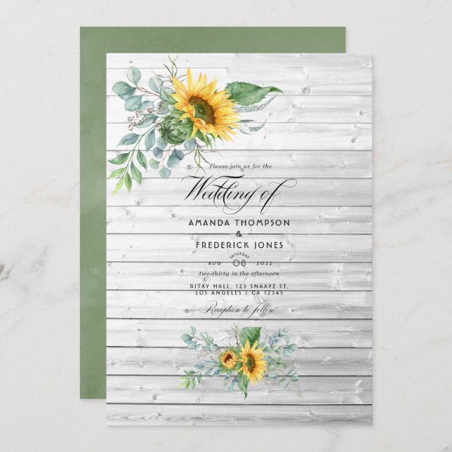 Invitación Boho Sunflower Eucalyptus Boda rústica por campo (Anverso / Reverso)