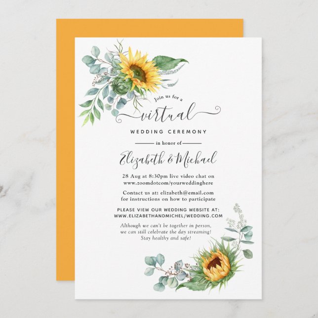 Invitación Boho Sunflower Eucalyptus Boda virtual en línea (Anverso / Reverso)