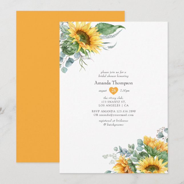 Invitación Boho Sunflower Eucalyptus Bridal Shower (Anverso / Reverso)