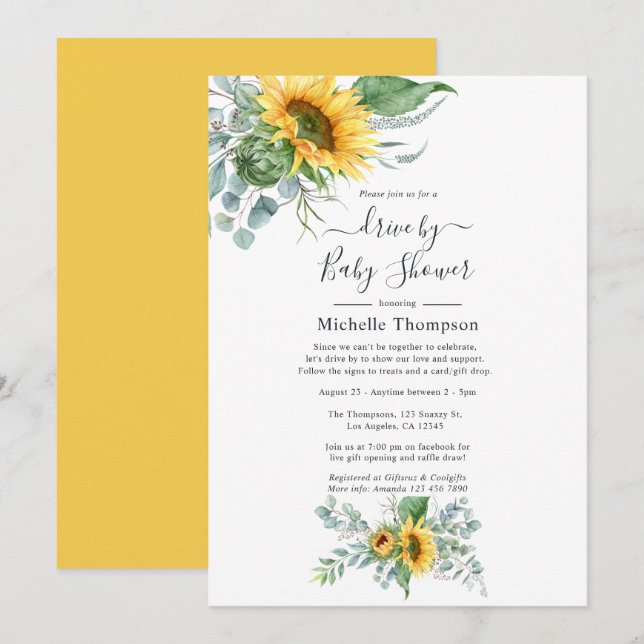 Invitación Boho Sunflower Eucalyptus Conduce Por La Ducha (Anverso / Reverso)