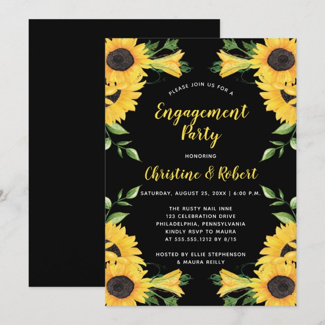 Invitación Boho Sunflower Floral | Partido de compromiso negr (Anverso / Reverso)