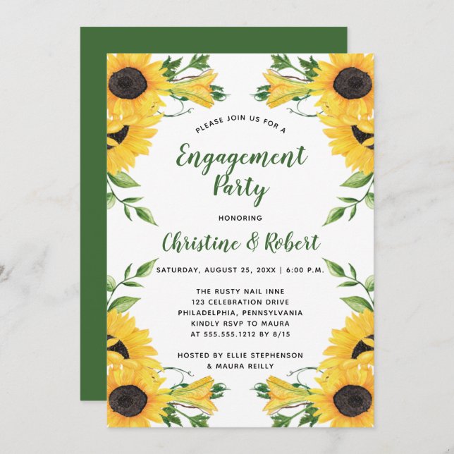 Invitación Boho Sunflower Floral | Partido de compromiso verd (Anverso / Reverso)