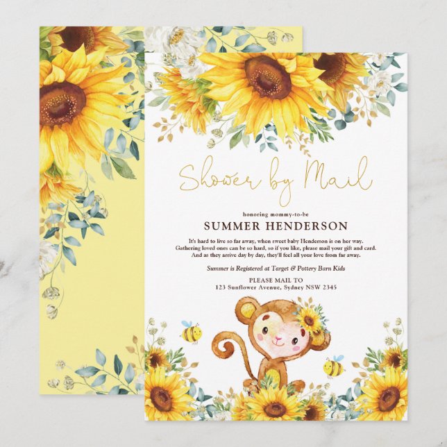 Invitación Boho Sunflower Monkey Baby Shower Por Correo (Anverso / Reverso)