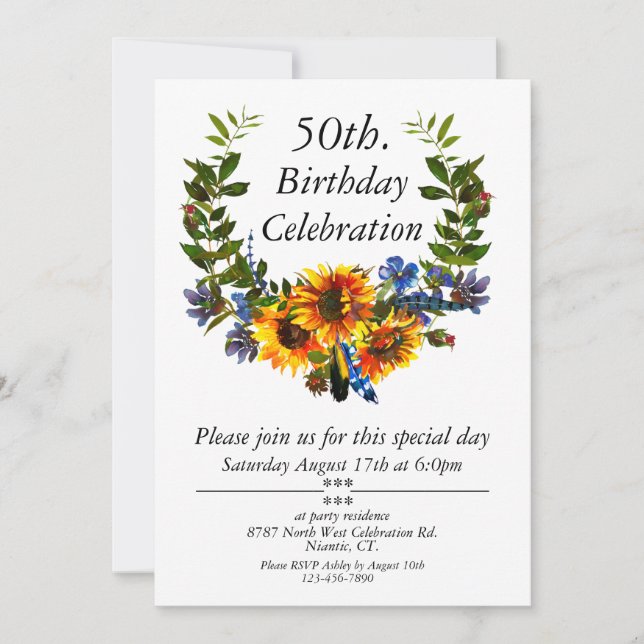Invitación Boho Sunflower Personalizable Floral 50 cumpleaños (Anverso)